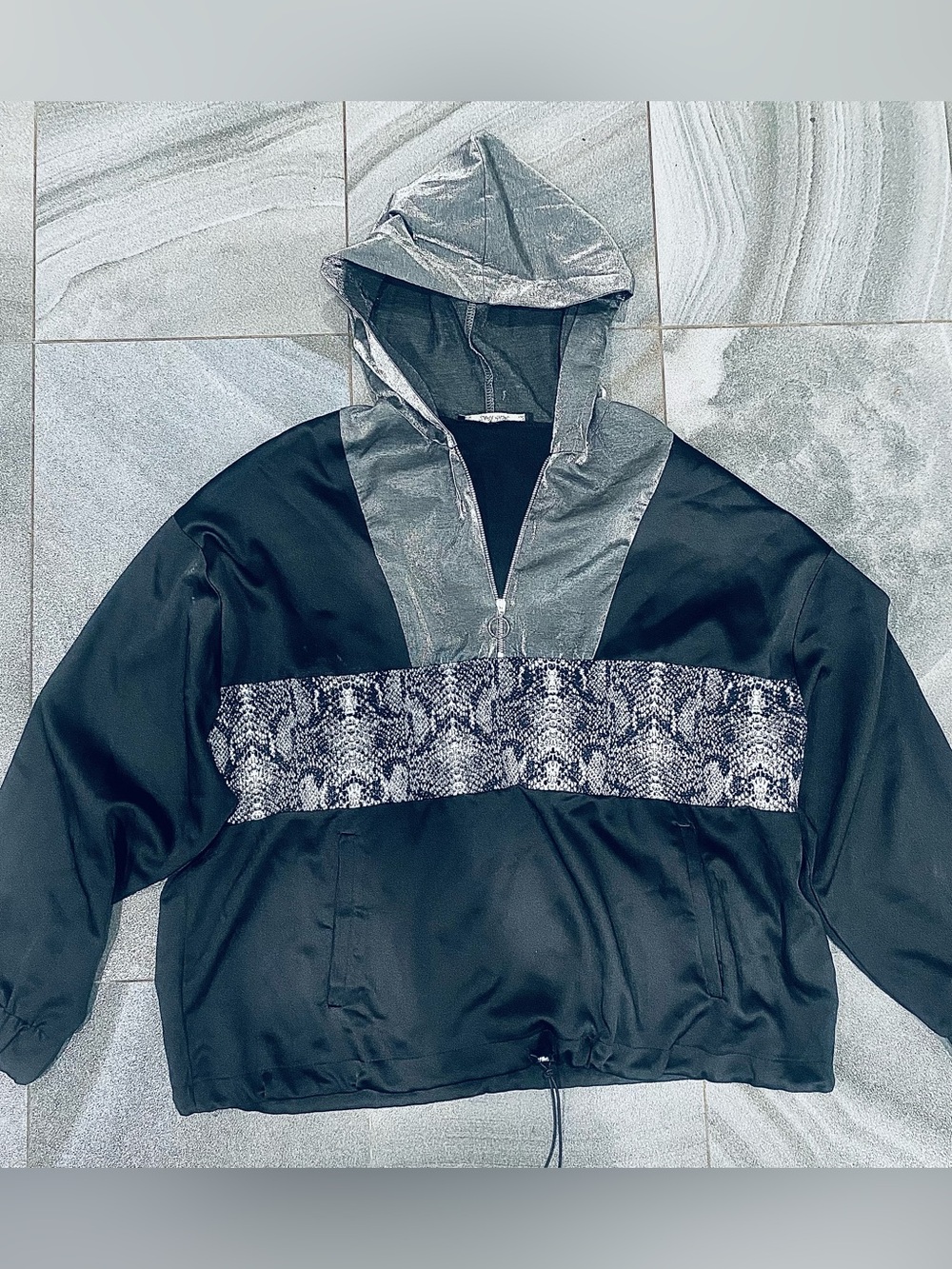 Women’s Zara Basic Snakeskin Metallic Satin Windbreaker Hoodie Sz XL